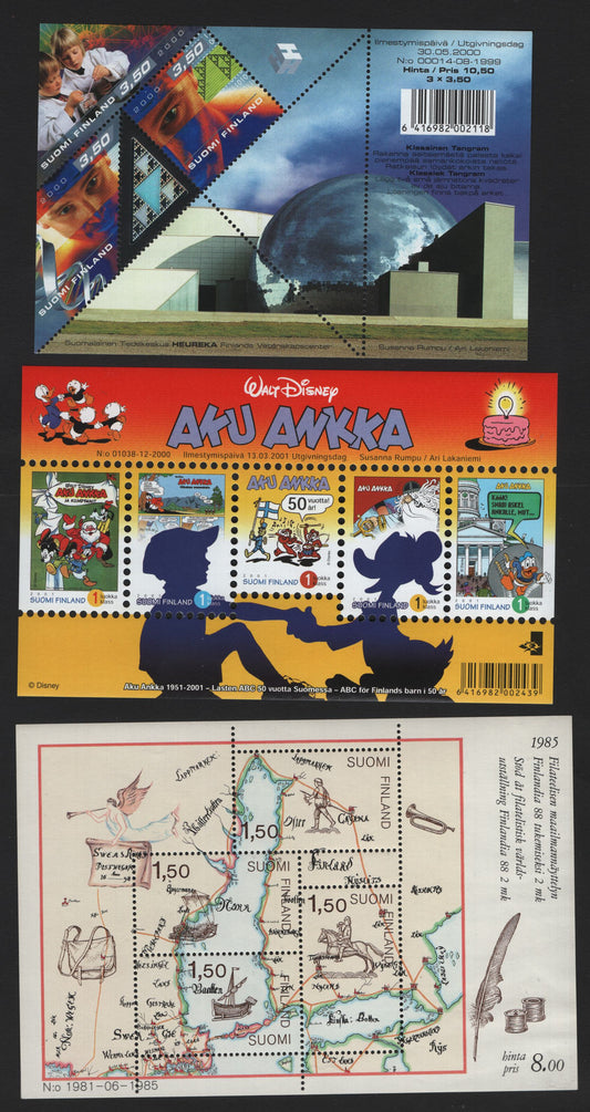Lot 379 Finland SC#728, 1140, 1150 1.5m - 1st Class Multicolored , 1985 - 2001 Finlandia 18 - 50th Anniv of Donald Duck Comics In Finland Issues, 3 VFNH Souvenir Sheets