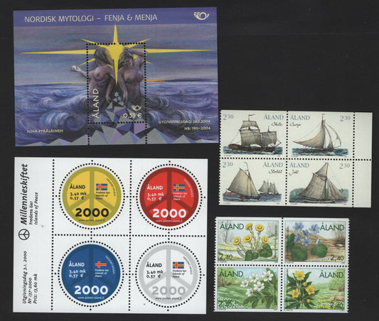 Lot 386 Finland - Aland Islands SC#109-112, 130-133, 161, 221 2.3m - 55c Multicolored , 1995-2004 Cargo Vessels - Norse Gods Fenja & Menja Issues, 4 VFNH Se-Tenant Blocks Of 4 & Souvenir Sheet