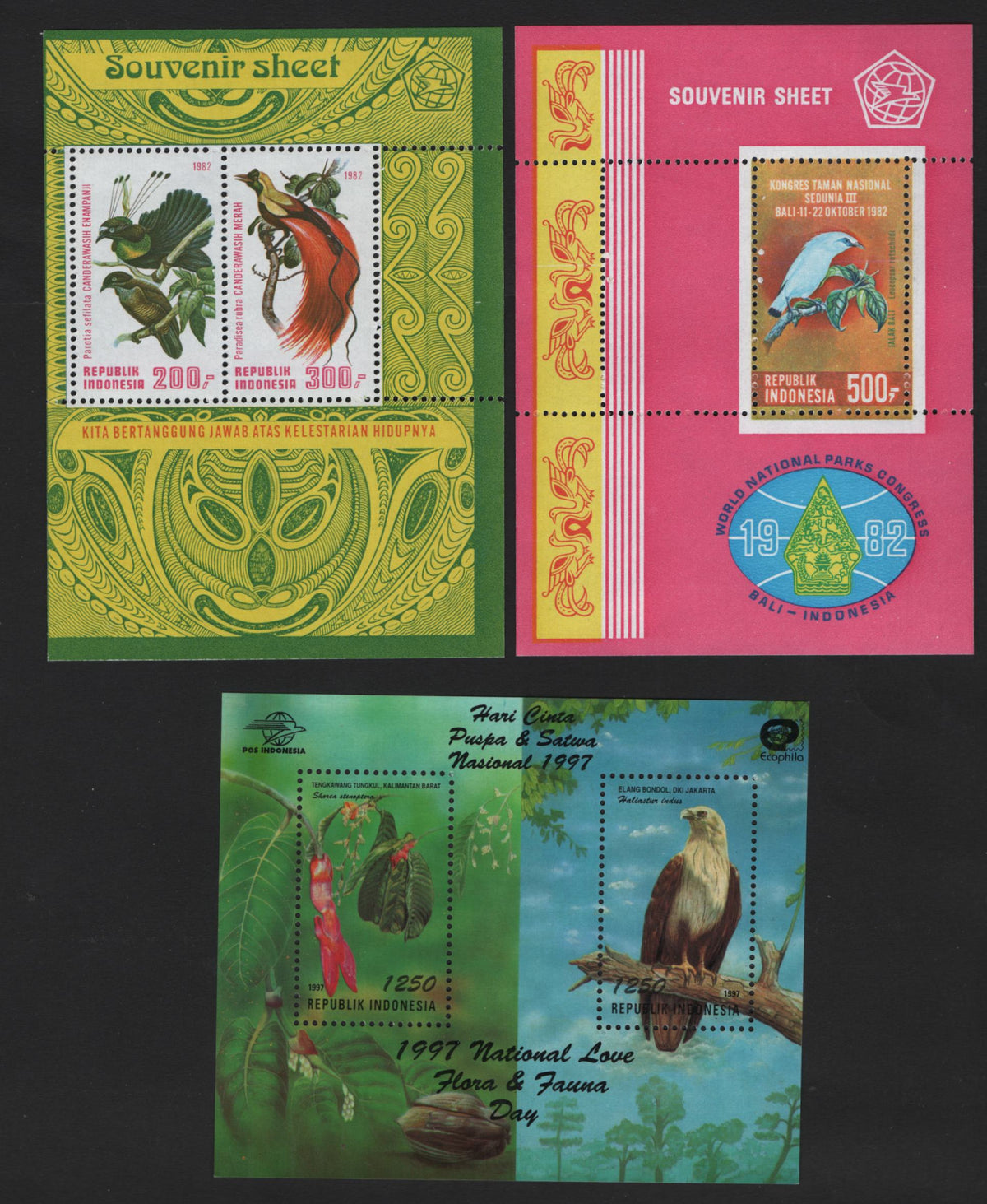 Lot 389 Indonesia (C) SC#1181A, 1184A, 1738 500r - 1250r Multicolored , 1982-1997 3rd World National Park Congress - Flora & Fauna Issues, 3 VFNH Souvenir Sheets