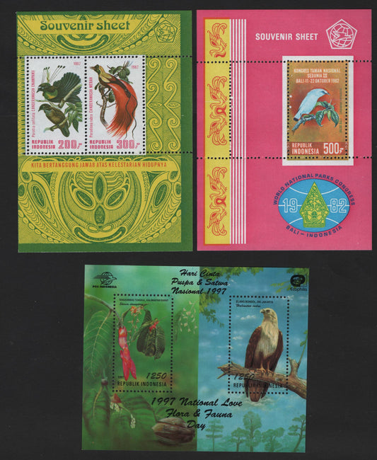Lot 389 Indonesia (C) SC#1181A, 1184A, 1738 500r - 1250r Multicolored , 1982-1997 3rd World National Park Congress - Flora & Fauna Issues, 3 VFNH Souvenir Sheets