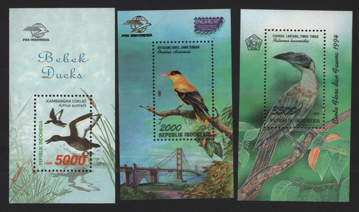 Lot 391 Indonesia (C) SC#1593, 1725, 1805 3500r - 5000r Multicolored , 1994-1998 Flora & Fauna- Ducks & Geese Issues, 3 VFNH Souvenir Sheets