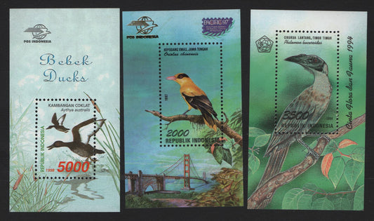 Lot 391 Indonesia (C) SC#1593, 1725, 1805 3500r - 5000r Multicolored , 1994-1998 Flora & Fauna- Ducks & Geese Issues, 3 VFNH Souvenir Sheets