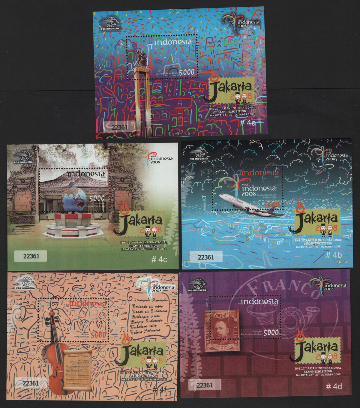 Lot 393 Indonesia (C) SC#2161-2164, 2166 5000r Multicolored , 2008 Indonesia Issue, 5 VFNH Souvenir Sheets