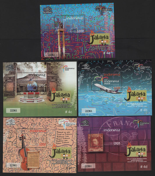 Lot 393 Indonesia (C) SC#2161-2164, 2166 5000r Multicolored , 2008 Indonesia Issue, 5 VFNH Souvenir Sheets