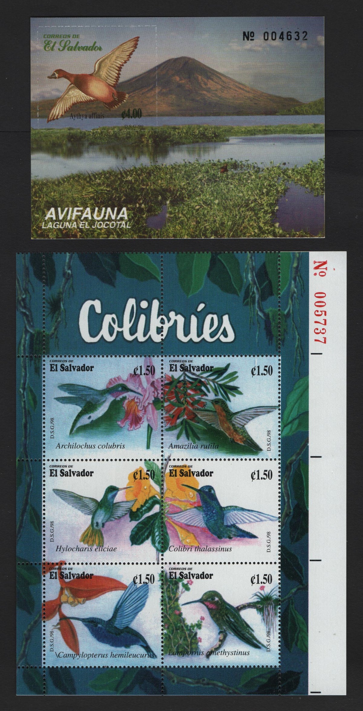Lot 394 El Salvador (C) SC#1490, 1509 1.5col - 4col Multicolored , 1998-1999 Hummingbirds & Flowers - Water Birds Issues, 2 VFNH Souvenir Sheets