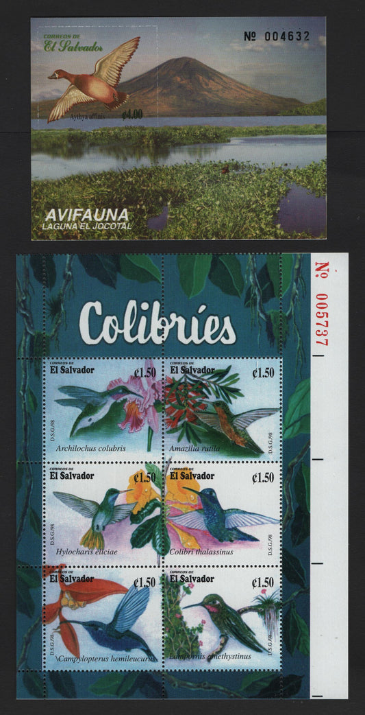 Lot 394 El Salvador (C) SC#1490, 1509 1.5col - 4col Multicolored , 1998-1999 Hummingbirds & Flowers - Water Birds Issues, 2 VFNH Souvenir Sheets