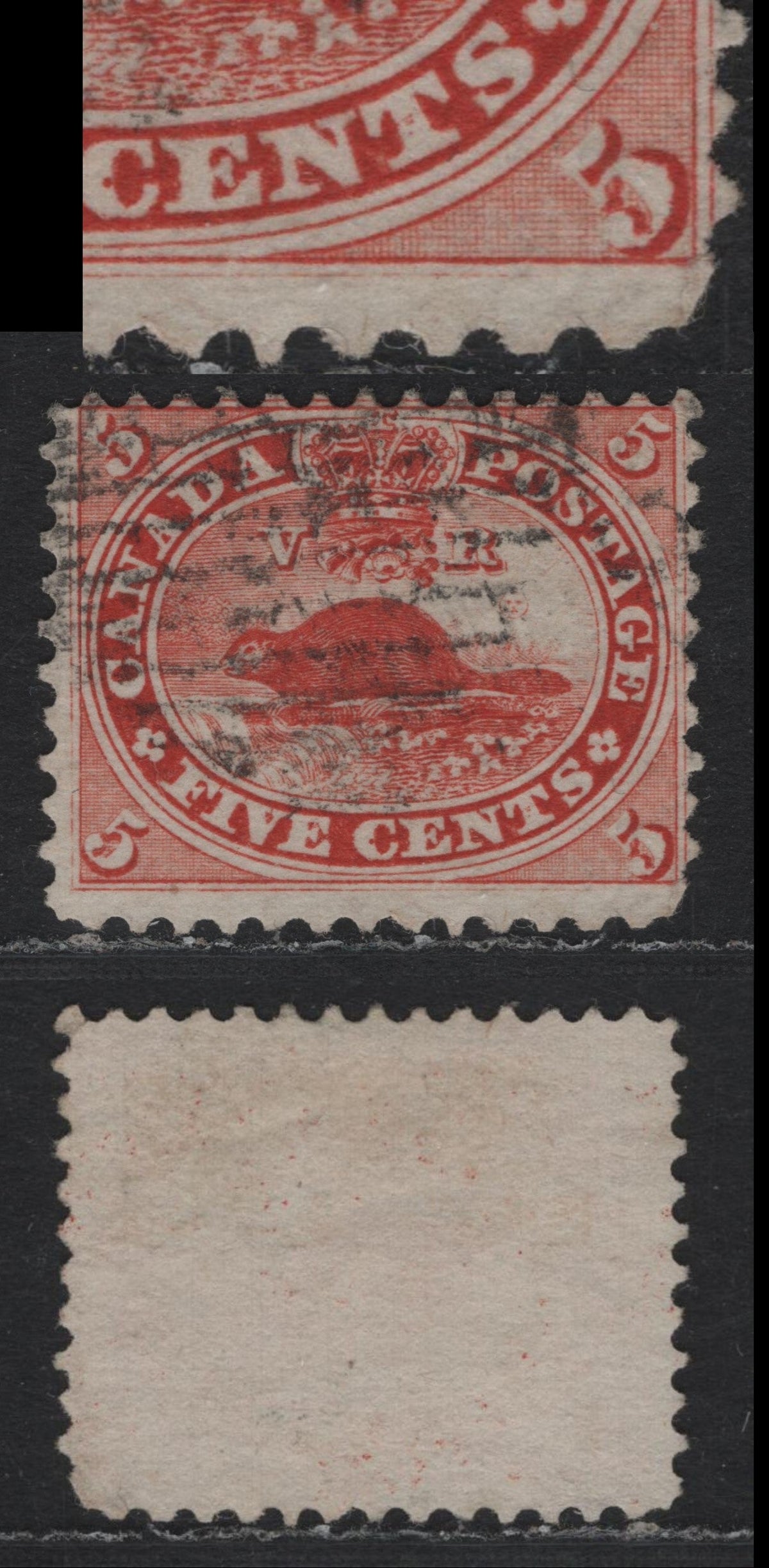Lot 303 Canada (C)#15 5c Vermillion , 1859-1864 First Cents Issue, A Very Good Used Single, Cents-AA Paper, Perf 11.75x12, Showing Weak Re-Entry Of Bottom Frameline.