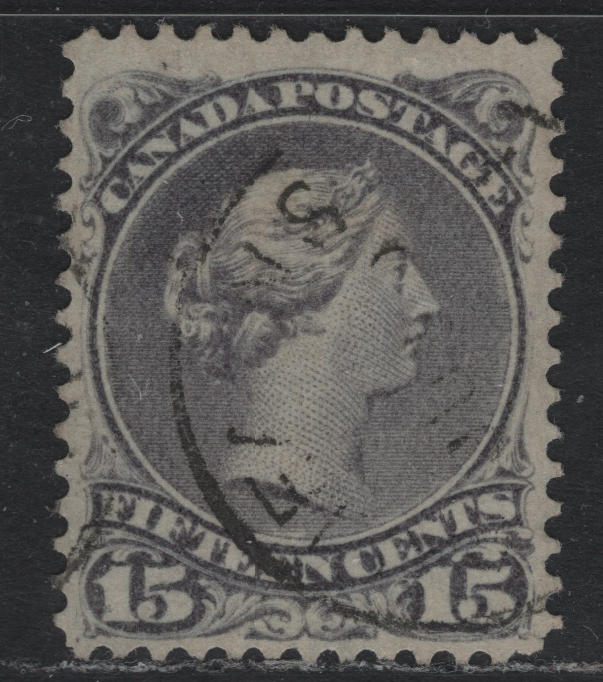 Lot 316 Canada (C)#30 15c Deep Gray , 1868-1876 Large Queen Issue, A Very Fine Used Single, Mid-Montreal Printing, Thin Translucent Vertical Wove Paper (MM-O), Position Dot In LL Corner.