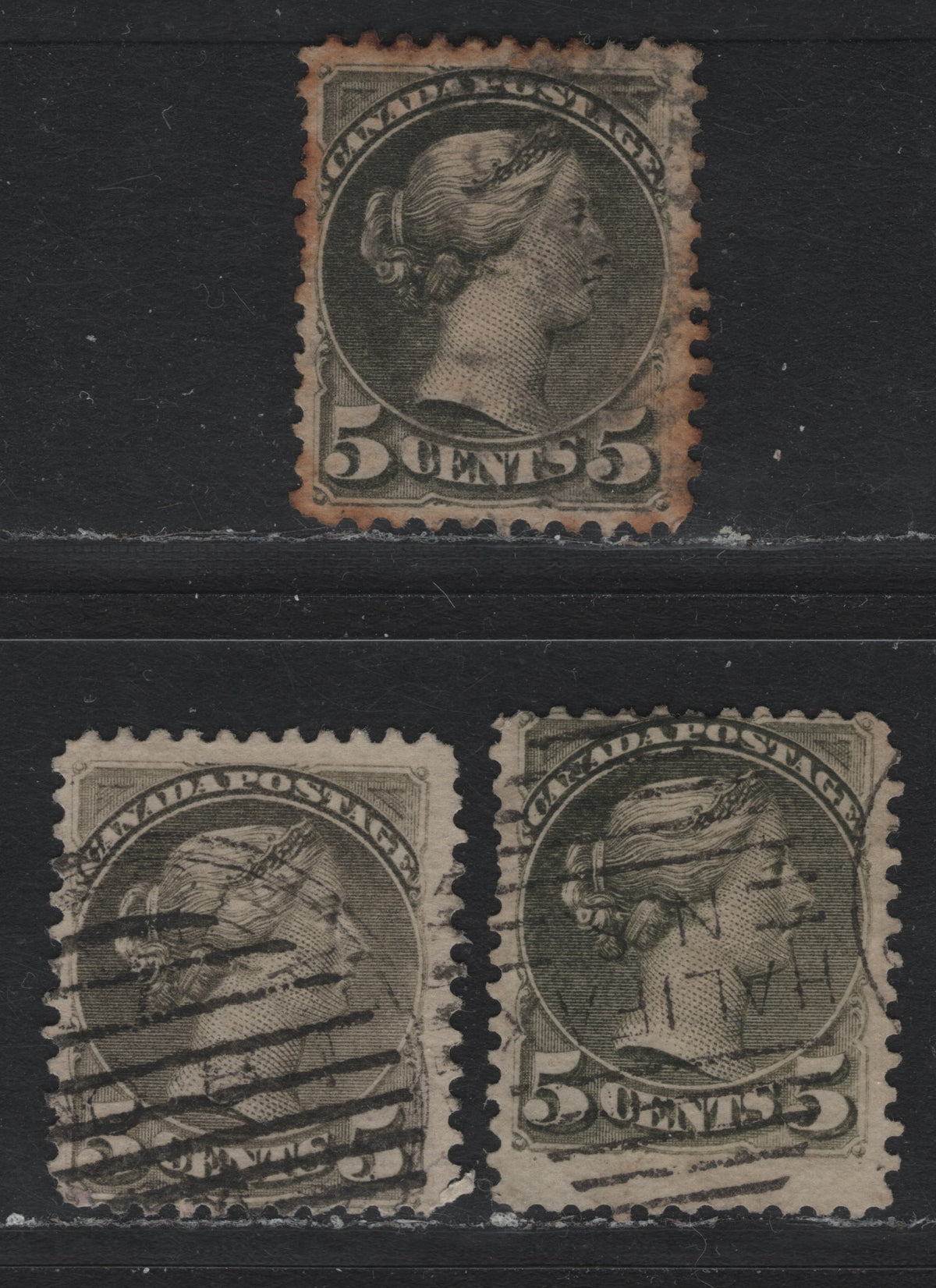 Lot 317 Canada #38, 38a 5c Slate Green - Olive Green & Deep Olive Green , 1870-1893 Small Queen Issue, 3 Very Good Used Singles, Three VG Used Montreal Printings On Various Papers & Perfs