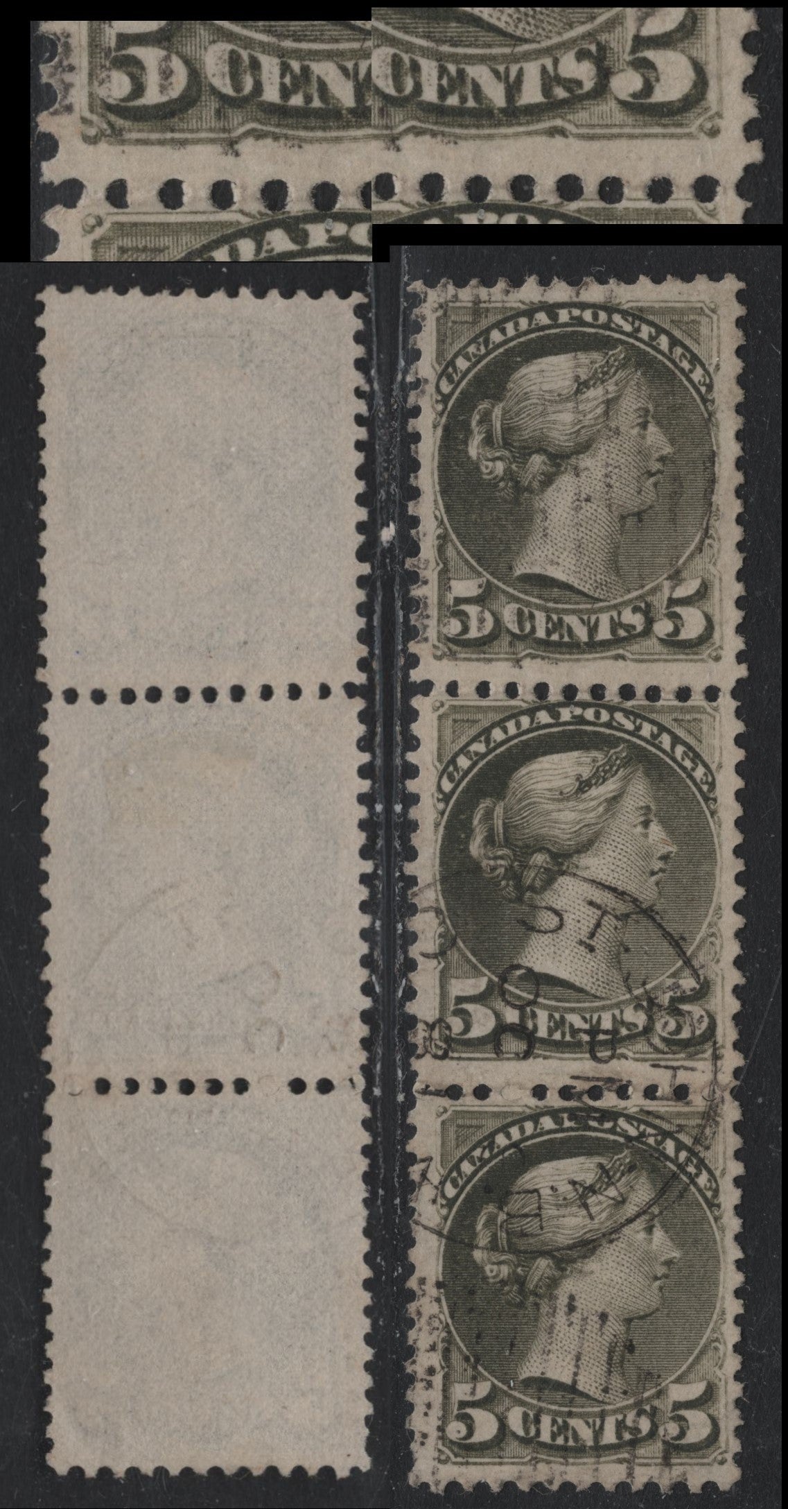 Lot 319 Canada #38avar 5c Slate Green , 1870-1893 Small Queen Issue, A Fine Used Vertical Strip Of 3, October 8 1881 Saint John NB Duplex Cancels, Struck Lightly On Paper MM-B, Perf 11.75x12.