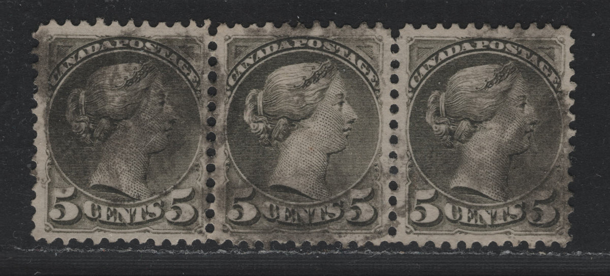 Lot 320 Canada #38avar 5c Slate Green , 1870-1893 Small Queen Issue, A Very Fine Used Horizontal Strip Of 3, Perf 11.6x12, MM-F Paper, VF Centering, But Medium Smudge Cork Cancels, OnlyThird Stamp Shows Pos. 2.