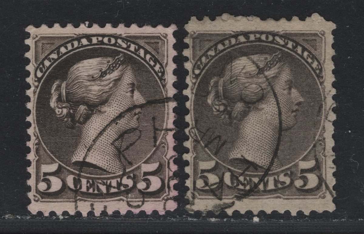 Lot 322 Canada (C)#42 5c Deep Gray - Deep Brownish Black , 1888-1897 Small Queen Issue, 2 Very Fine Used Singles, Second Ottawa Printings, 2O-H & 2O-N Papers, Perfs 12x12.1 & 12.