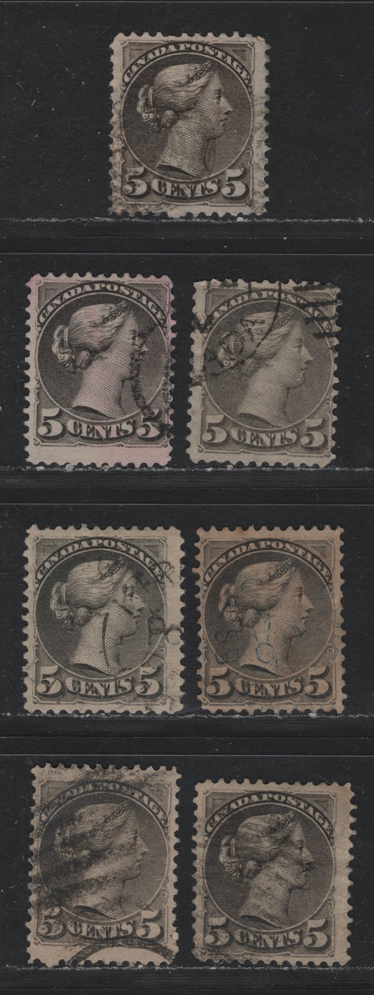 Lot 323 Canada (C)#42 5c Deep Gray - Deep Slate , 1888-1897 Small Queen Issue, 7 Fine/Very Fine Used Singles, Second Ottawa Printings, Four Shades Represented, All Appear To Be Same Paper, Though Close Examination Shows Them To be Slightly Different.