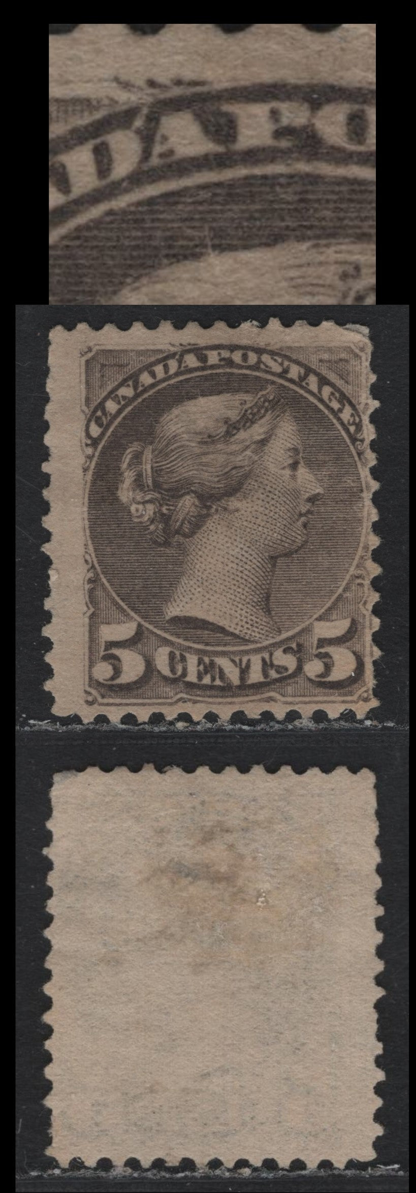 Lot 324 Canada (C)#42var 5c Gray , 1888-1897 Small Queen Issue, A Very Good Used Single, 2O-H Paper, Showing Unlisted Accent On D of Canada, Unlisted In Unitrade, Some Short & Frayed Perfs.
