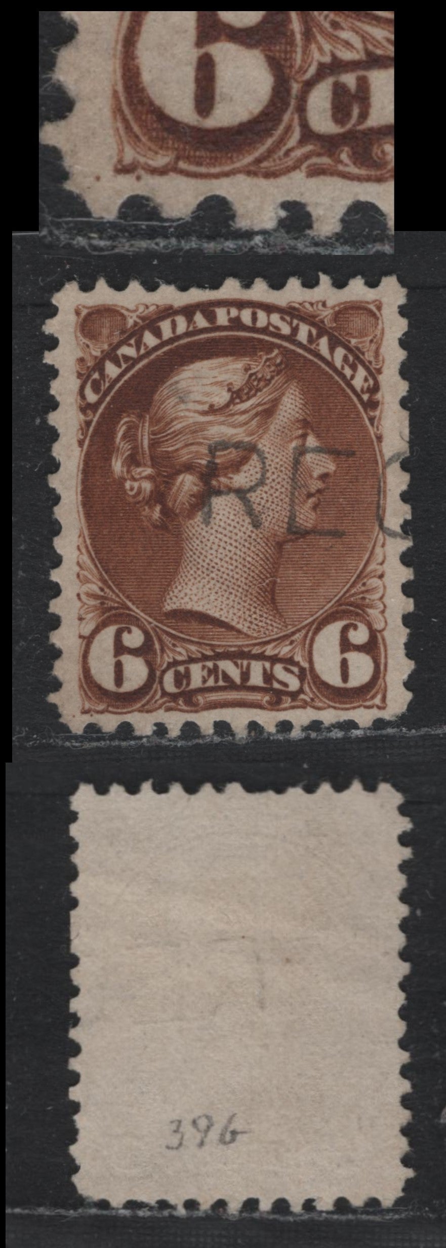 Lot 327 Canada #39b 6c Deep Yellow Brown , 1870-1893 Small Queen Issue, A Fine Used Single, Mid Montreal Printing, Perf 11.6x12, MM-D Paper, Two Pos. Dots In LL Corner, Light & Crisp Straight Line Registered Cancel, Minor Faults.