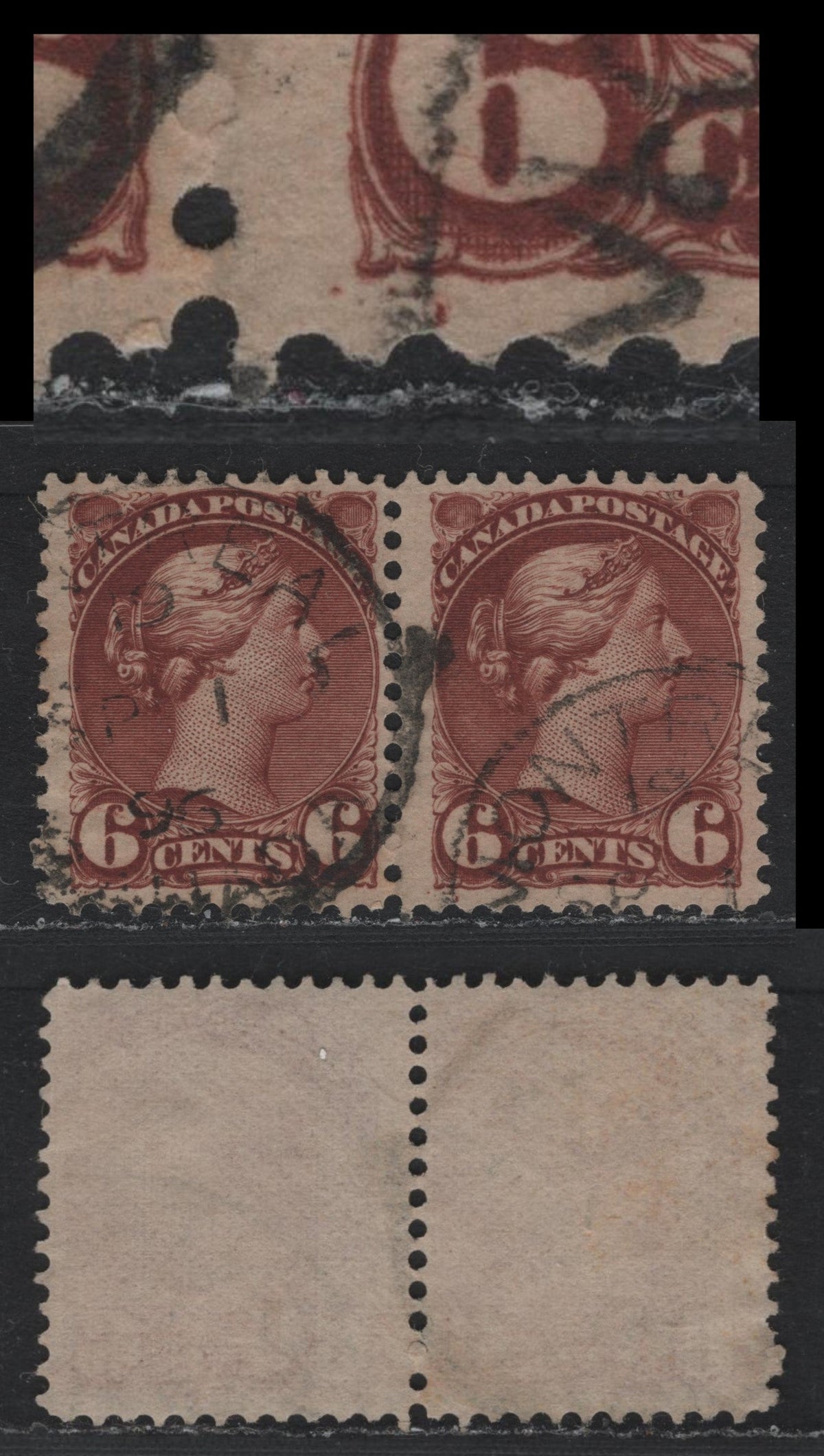 Lot 330 Canada #43 6c Deep Red Brown , 1888-1897 Small Queen Issue, A Fine Used Pair, Second Ottawa Printing, Perf 12x12.1, Paper 2O-FF, April 1 1896 Montreal Cancel, Both Stamps Show 3 Pos. Dots At LL.