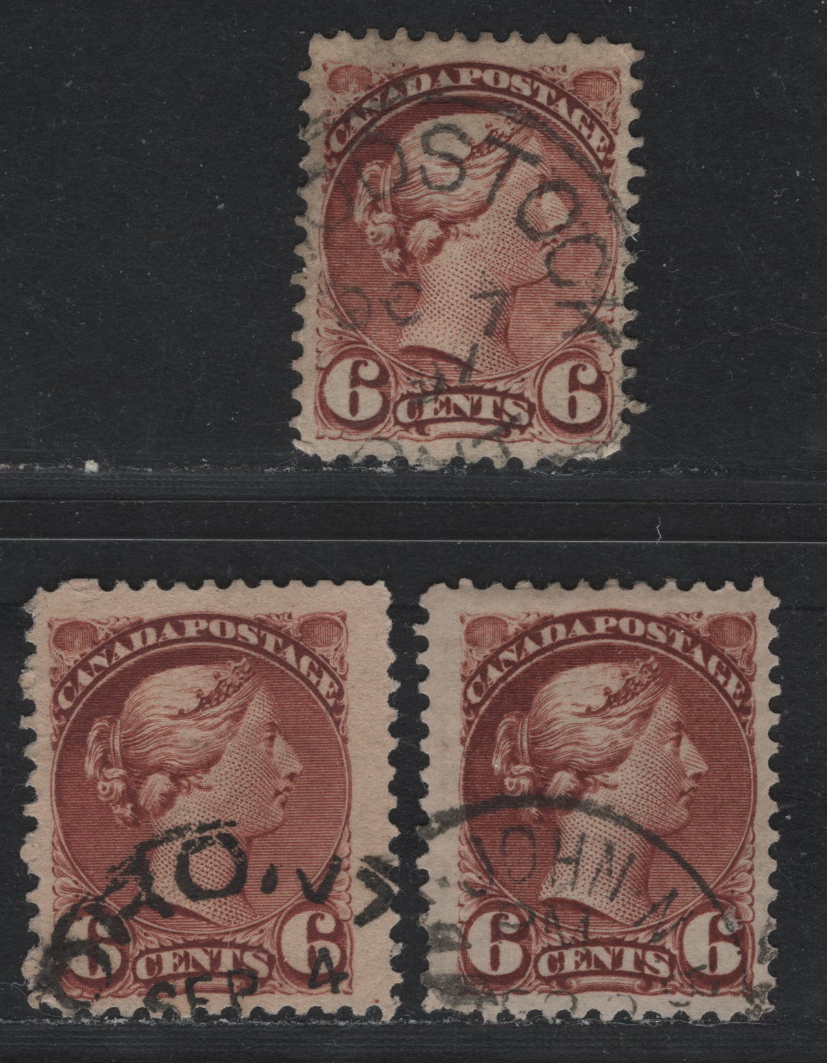 Lot 331 Canada (C)#43i 6c Chestnut , 1888-1897 Small Queen Issue, 3 Fine Used Singles, Second Ottawa Printings, Three Similar, But Different Papers & Perfs