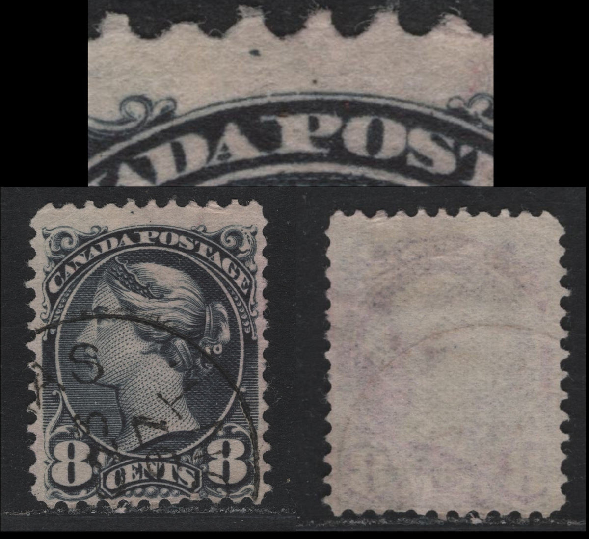 Lot 335 Canada (C)#44b 8c Slate , 1888-1897 Small Queen Issue, A Fine Used Single, 2O-LL Paper, Perf 12, Errant Pos. Dot In Upper Margin Between A & P Of Postage.