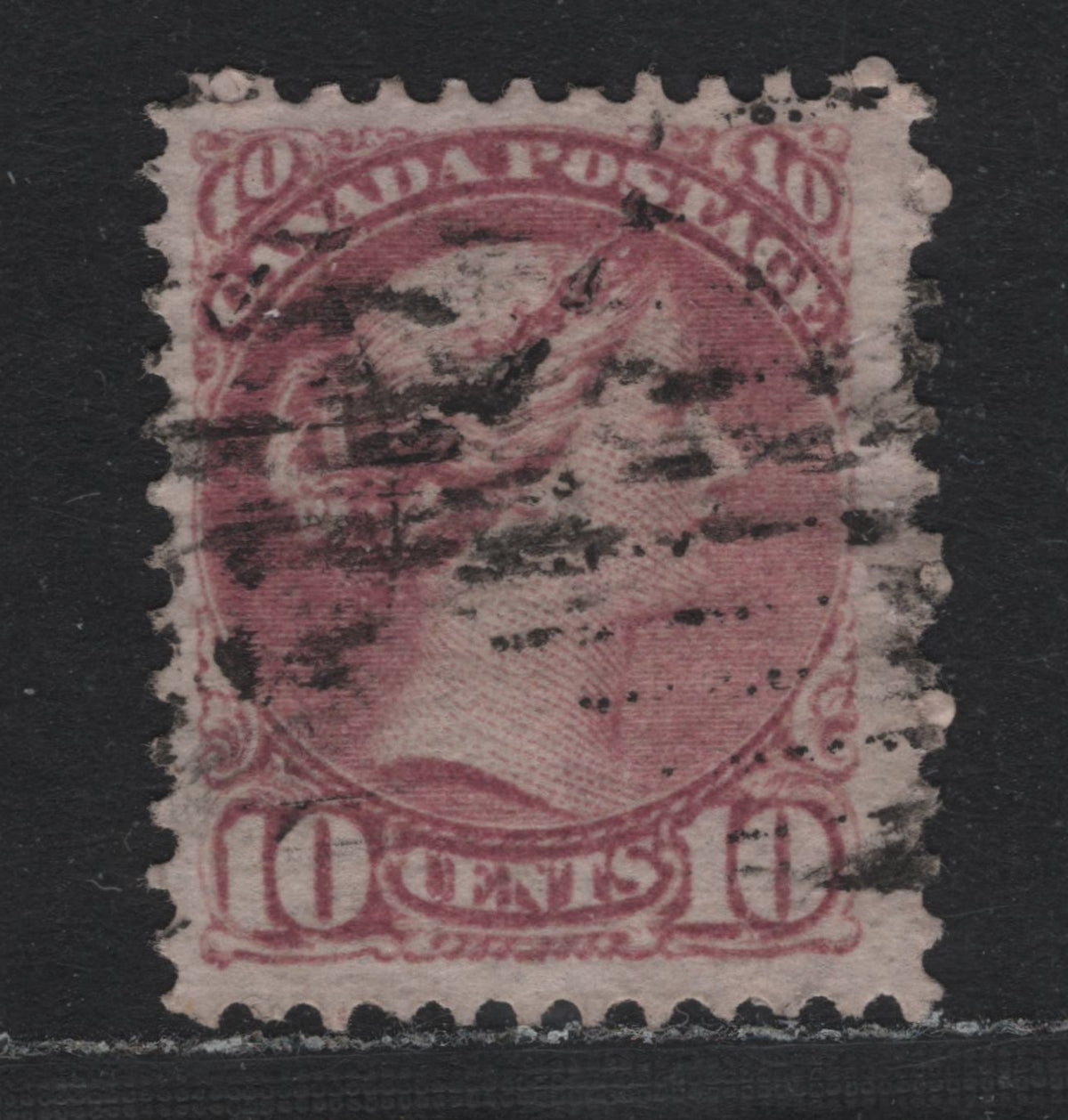 Lot 338 Canada #40 10c Dull Rose Lilac , 1870-1893 Small Queen Issue, A Fine Used Single, Mid Montreal Printing, MM-S Paper, Unusual Compound Perf of 12x12.3, Unrecorded In Unitrade, Moderate Grid Cancel That Covers Several Perf Tips.