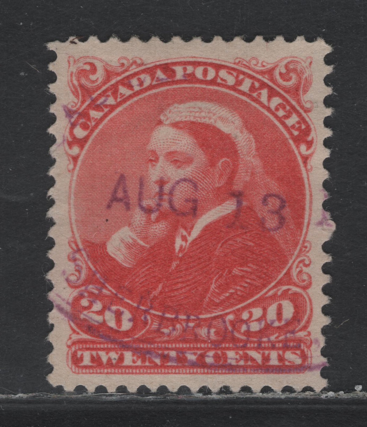Lot 351 Canada #46 20c Deep Vermillion , 1888-1897 Small Queen Issue, A Very Fine Used Single, 2nd Ottawa Printing, 2O-J Paper, Perf 12, Violet Oval August 13 Sherbrooke Quebec Cancel, Very Light Diagonal Crease At The Top, A Fully Developed Crease .