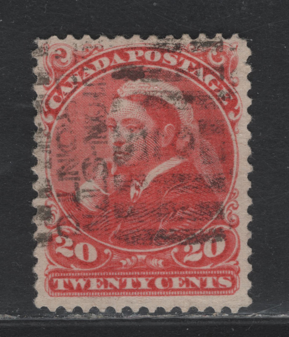 Lot 353 Canada #46 20c Vermillion , 1888-1897 Small Queen Issue, A Fine Used Single, 2O-J Paper, Perf 12x12.1, Moderate Union Station Toronto #2 Roller Cancel.