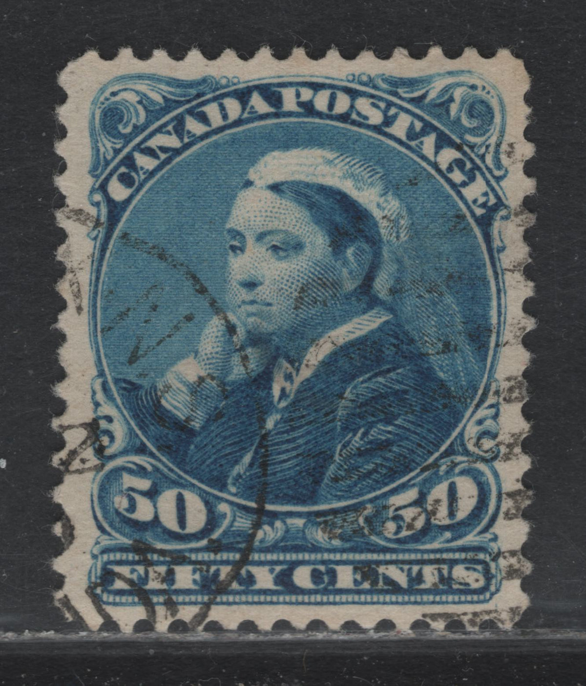 Lot 356 Canada #47 50c Blue , 1888-1897 Small Queen Issue, A Very Fine Used Single, 2O-J Paper, Perf 12.1x12, Lovely Large Margins & Light Duplex Cancel.