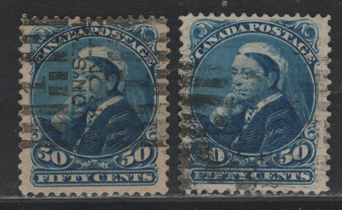 Lot 357 Canada #47 50c Blue - Deep Blue , 1888-1897 Small Queen Issue, 2 Fine/Very Fine Used Singles, 2O-J Paper, Perf 12, Union Station & Indistinct Roller Cancels.