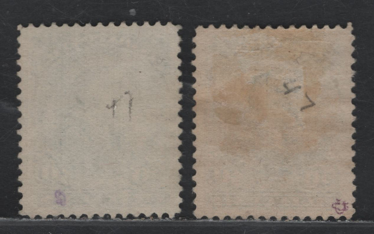 Lot 357 Canada #47 50c Blue - Deep Blue , 1888-1897 Small Queen Issue, 2 Fine/Very Fine Used Singles, 2O-J Paper, Perf 12, Union Station & Indistinct Roller Cancels.