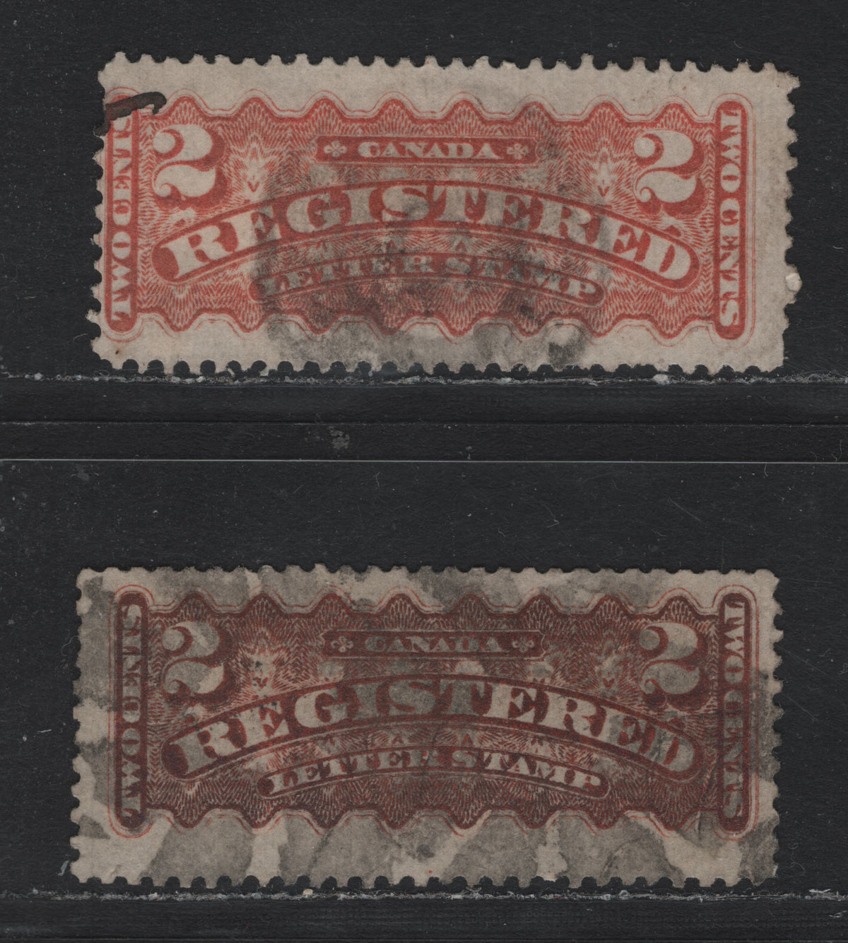 Lot 364 Canada #F1, F1var 2c Brown Orange (Oxidized) - Dull Red , 1875-1896 Registration Issue, 2 Very Good Used Singles, Mid Montreal Printings, Paper MM-Y, Perfs 12 & 12.1x11.75, Scarce Compound Perf Has A Pulled Perf At UL.