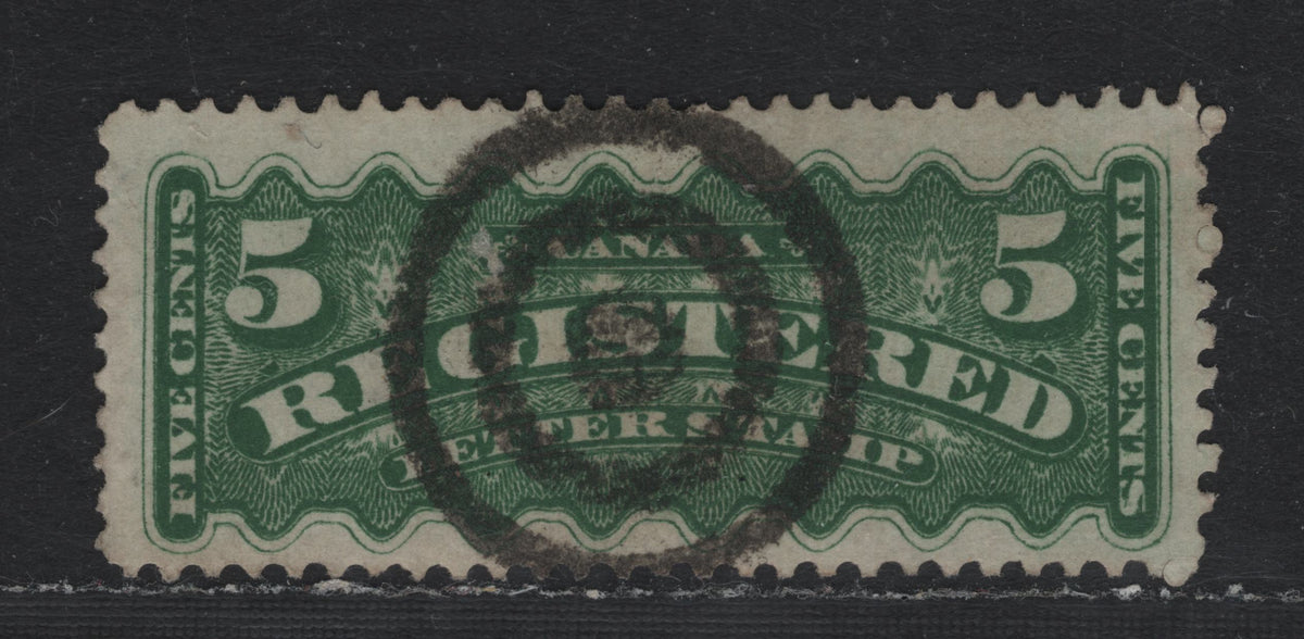 Lot 369 Canada #F2i 5c Dark Green , 1875-1896 Registration Issue, A Very Fine Used Single, Late Montreal Printing, LM-D Paper, Perf 12, Lovely Crisp Strike Of 3 Ring Bullseye Cancel, Placing It In The Early 1880's.