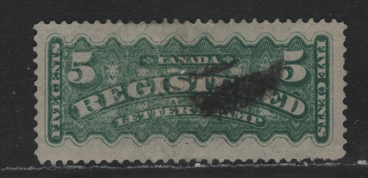 Lot 370 Canada #F2a 5c Blue Green , 1875-1896 Registration Issue, A Fine Used Single, Montreal Gazette Printing, MG-I Paper, Perf 12.25, Showing Extreme Dry Inking on the Left Of The Design, A Few Short Perfs But Well Centered Within Large Margins.