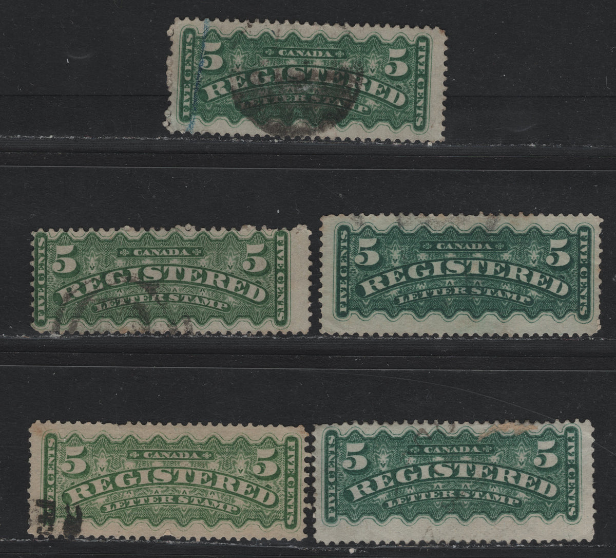Lot 371 Canada #F2, F2b, F2i 5c Light Green - Dark Green , 1875-1896 Registration Issue, 4 Very Good Used Singles, Slightly Different Shades of Dark Green, LM-F & MG-I (Green) Papers, Perfs 12.1x12, 12.2x12 & 12.