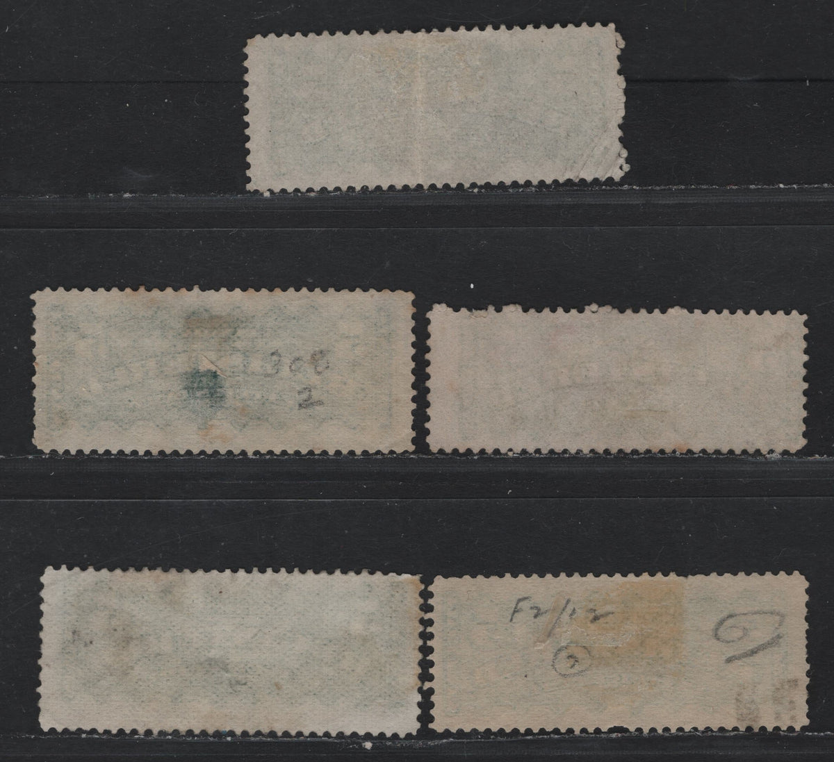 Lot 371 Canada #F2, F2b, F2i 5c Light Green - Dark Green , 1875-1896 Registration Issue, 4 Very Good Used Singles, Slightly Different Shades of Dark Green, LM-F & MG-I (Green) Papers, Perfs 12.1x12, 12.2x12 & 12.
