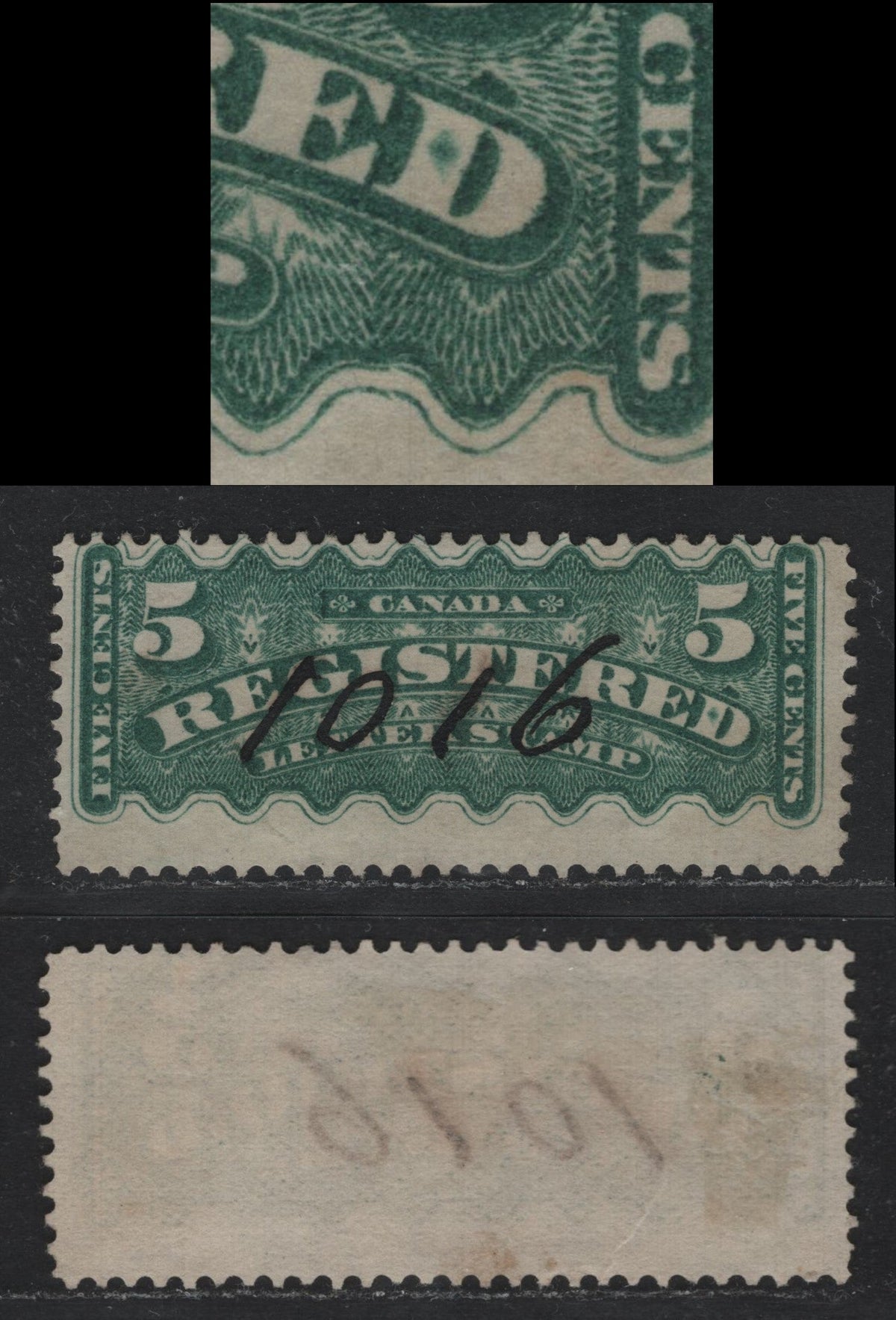 Lot 372 Canada #F2a 5c Blue Green , 1875-1896 Registration Issue, A Fine Used Single, Montreal Gazette Printing, LM-F Paper, Perf 12,Showing A Large Burr Inside D of Registered.