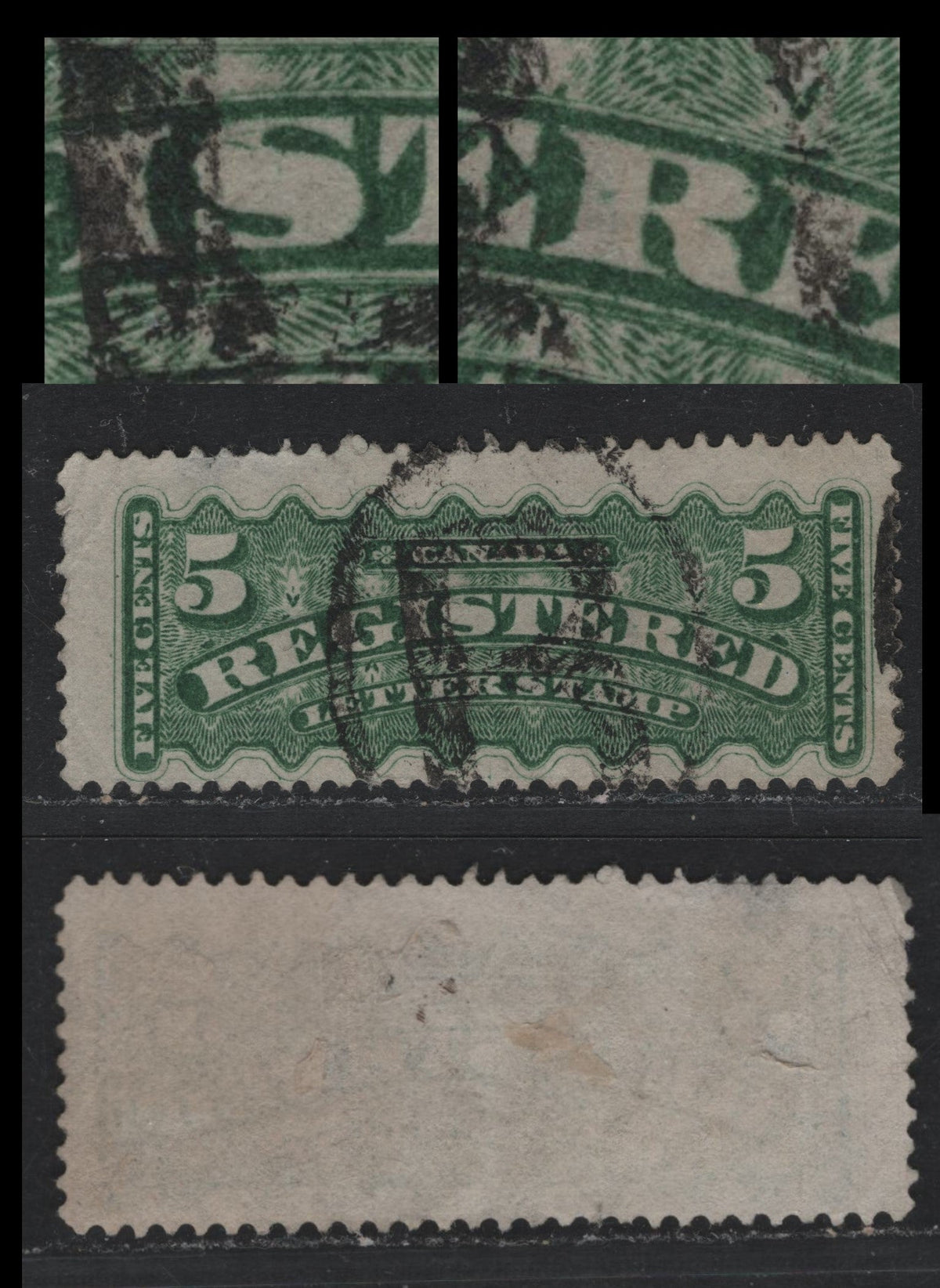Lot 373 Canada #F2iivar 5c Dark Green , 1875-1896 Registration Issue, A Very Good Used Single, Second Ottawa Printing, MG-I Paper, Perf 12.1, Showing A Major Re-Entry, R Registered Cancel.