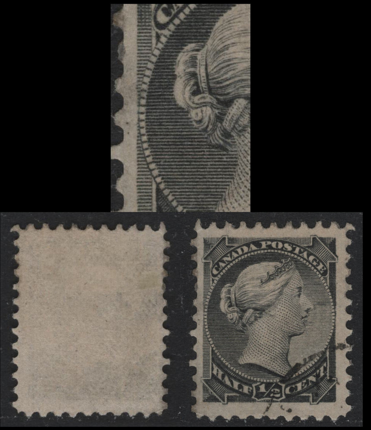 Lot 378 Canada #34ivar 1/2c Gray Black , 1870-1893 Small Queen Issue, A Very Fine Used Single, Late Montreal Printing, MG-E Paper, Perf 12, Showing Unusual Medallion Dot At 9 O'Clock.