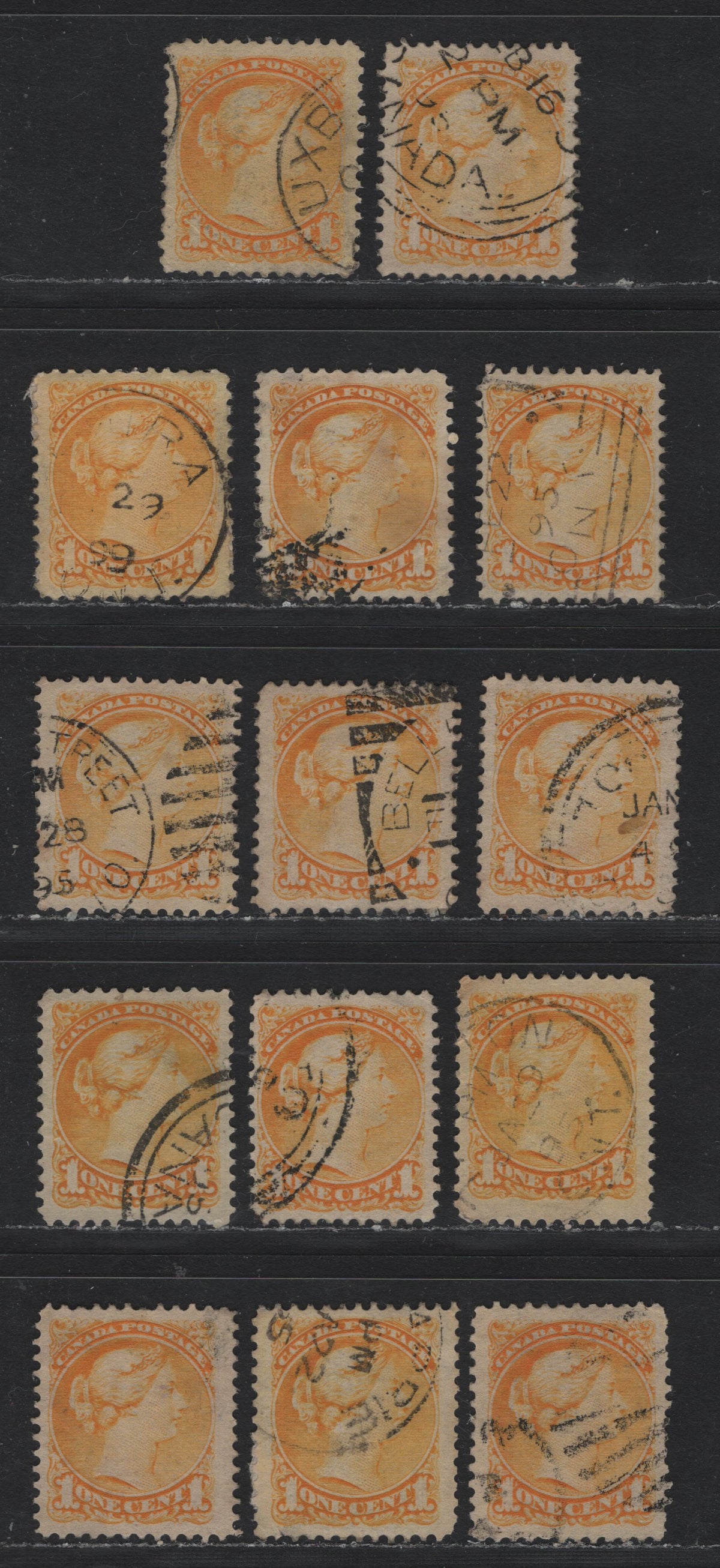 Lot 379 Canada (C)#35 1c Yellow , 1870-1893 Small Queen Issue, 14 Very Good/Fine/Very Fine Used Singles, Second Ottawa Printings, Unchecked As To Specific Papers & Perfs, Nearly All Are VF, One Was Found To Have 2 Corner Creases.