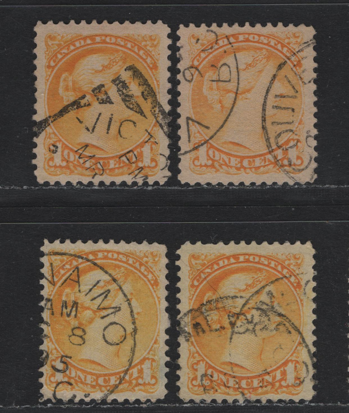 Lot 380 Canada (C)#35 1c Yellow - Bright Yellow , 1870-1893 Small Queen Issue, 4 Very Good/Fine/Very Fine Used Singles, Second Ottawa Printings, Unchecked As To Specific Papers & Perfs, Including The Three Different Shades.