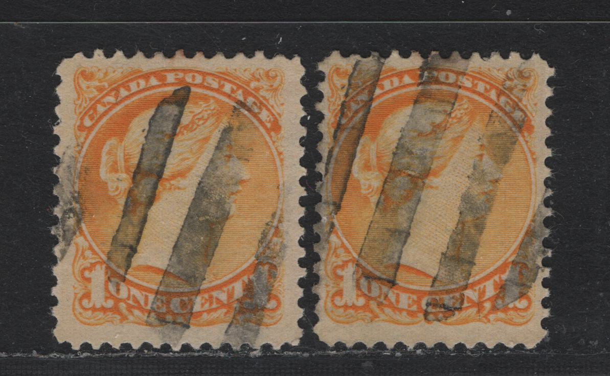 Lot 381 Canada (C)#35 1c Deep Yellow , 1870-1893 Small Queen Issue, 2 Very Fine Used Singles, Second Ottawa Printings, 2O-L Paper, Perfs 12 &12.1x12, Each With A Wide Bar Grid Cancel.