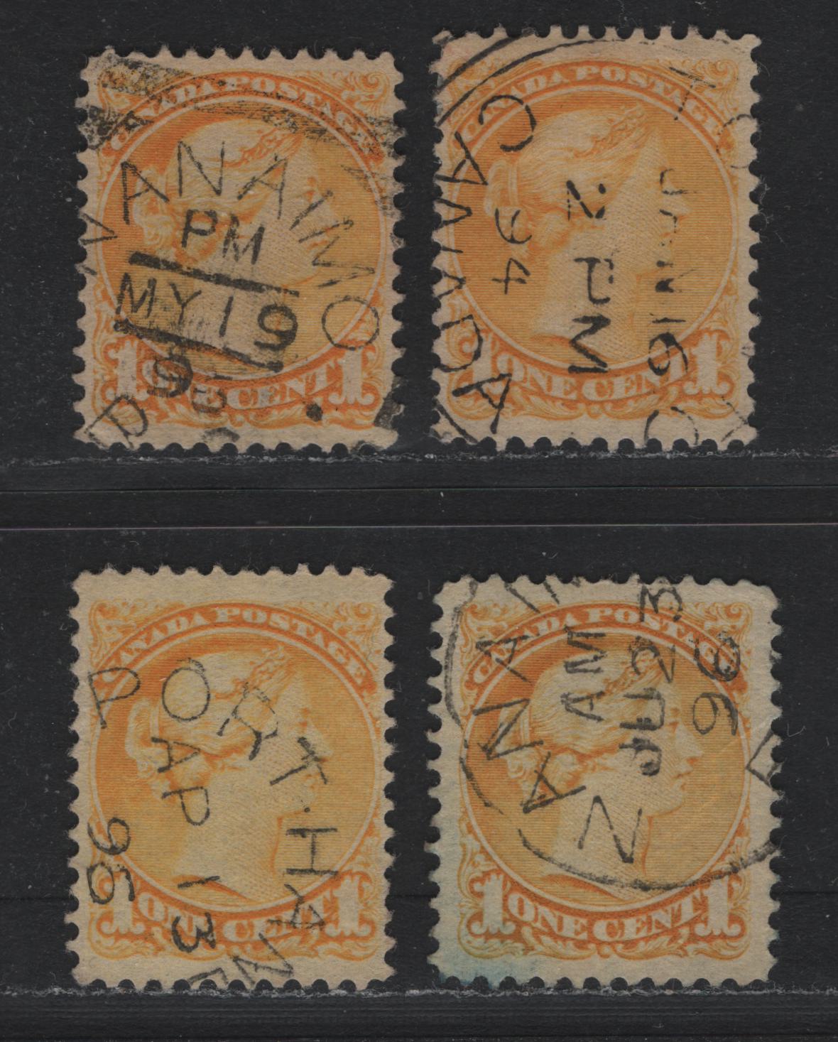 Lot 382 Canada (C)#35 1c Dull Yellow - Yellow , 1870-1893 Small Queen Issue, 4 Very Fine Used Singles, Second Ottawa Printings, SON Cancels, Unchecked As To Specific Papers & Perfs.