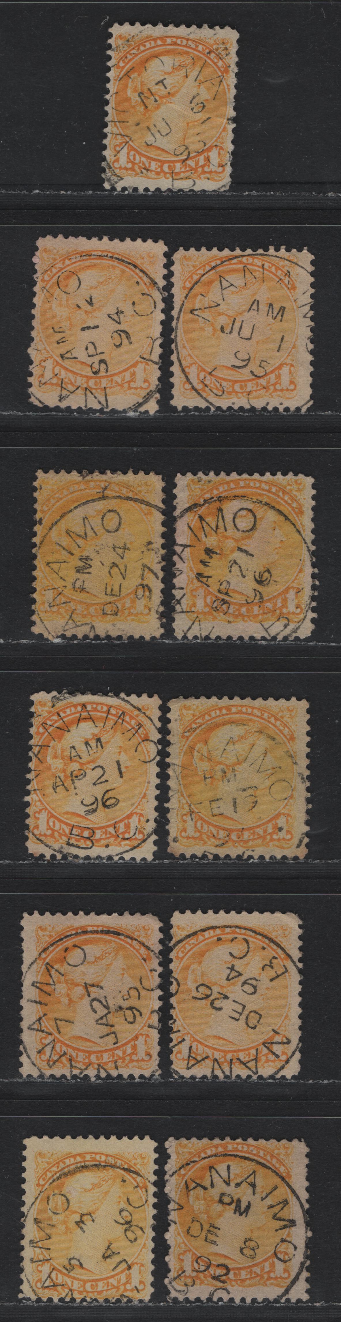 Lot 386 Canada (C)#35 1c Yellow - Bright Yellow , 1870-1893 Small Queen Issue, 11 Fine/Very Fine Used Singles, Second Ottawa Printing, SON BC Cancels, Unchecked As To Specific Papers & Perfs.