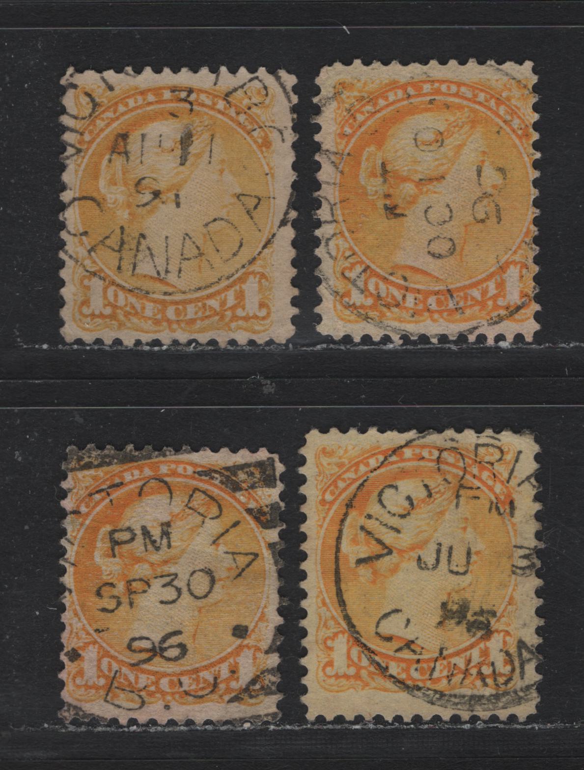 Lot 388 Canada (C)#35 1c Dull Yellow - Yellow , 1870-1893 Small Queen Issue, 3 Fine Used Singles, Unchecked As To Specific Papers & Perfs, Victoria BC Squared Circle or CDS Cancels, Dated Between August 11 1891 & October 10 1896.