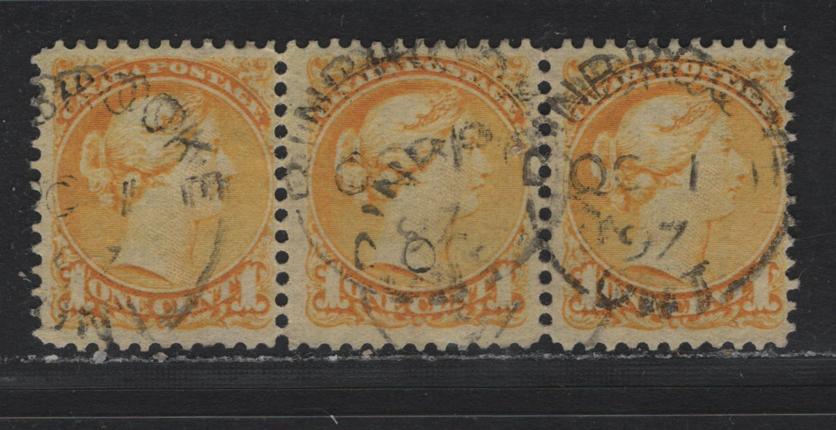 Lot 391 Canada (C)#35 1c Yellow , 1870-1893 Small Queen Issue, A Fine Used Strip of 3, 2O-HH Paper, Three Split Ring Strikes Of Pembroke Ont, Dated October 1 1897, Perf 12.1x12.25.