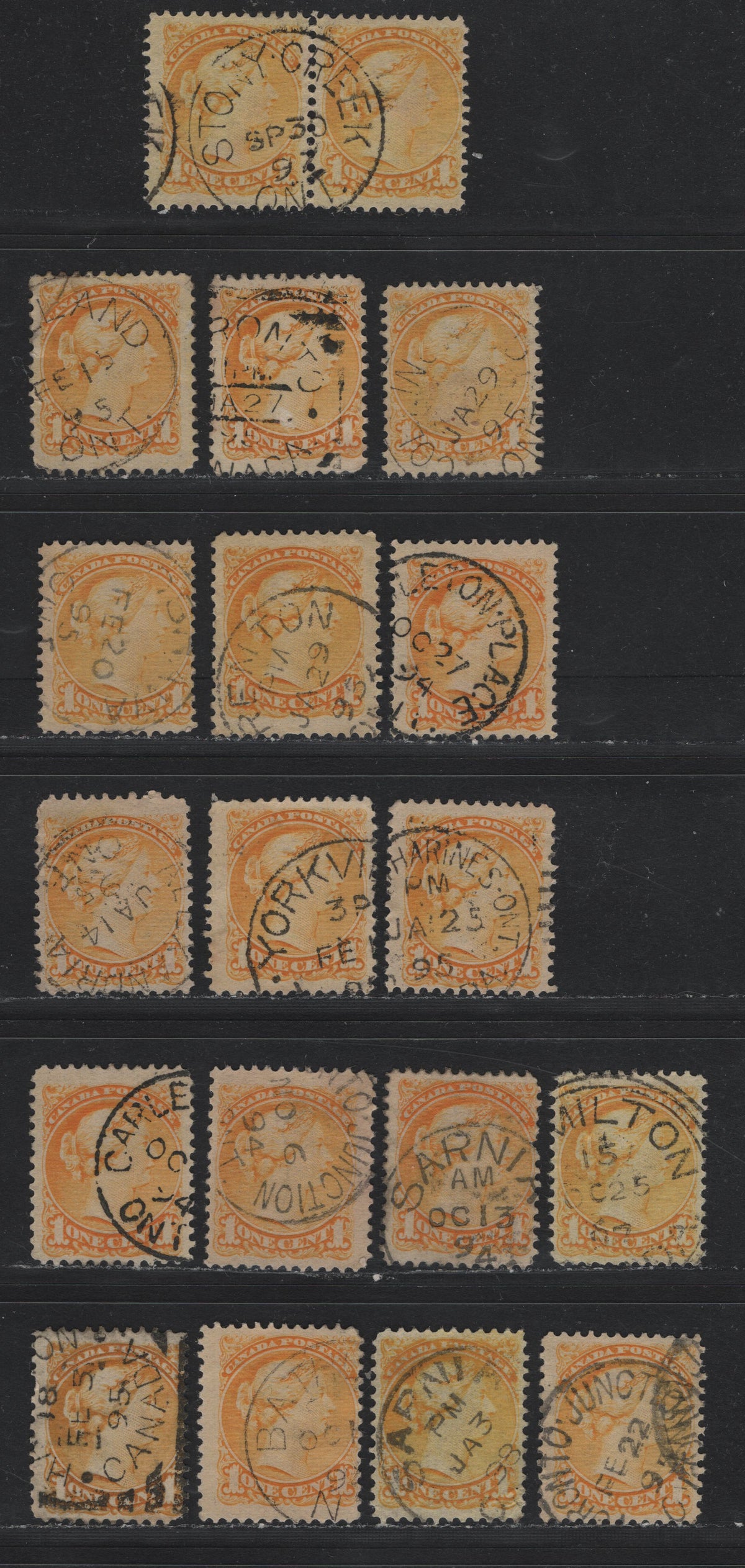 Lot 392 Canada (C)#35 1c Lemon Yellow - Dull Yellow , 1870-1893 Small Queen Issue, 18 Fine Used Singles, Second Ottawa Printings, Unchecked As To Specific Papers & Perfs, Ontario CDS & Squared Circle Cancels.