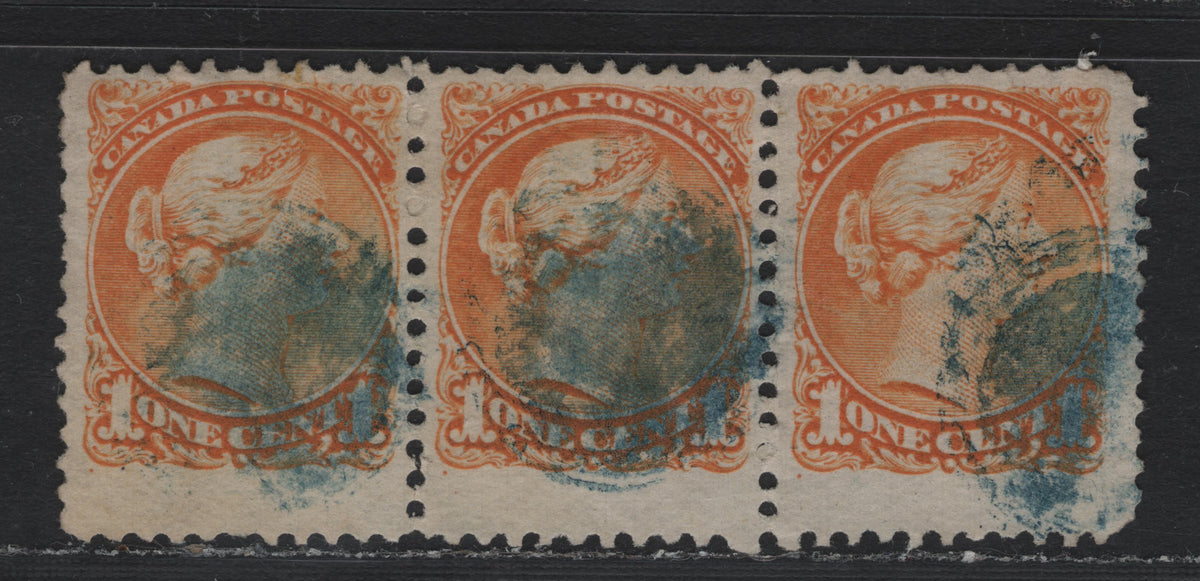 Lot 398 Canada #35d 1c Orange , 1870-1893 Small Queen Issue, A Very Good Used Strip of 3, Early Montreal Printing, MM-B Paper, Hitherto Unrecoreded Compound Perf Of 11.7x12,11.7x12 & 11.7x11.75, And Blue Cancels Are Scarce On this Issue.
