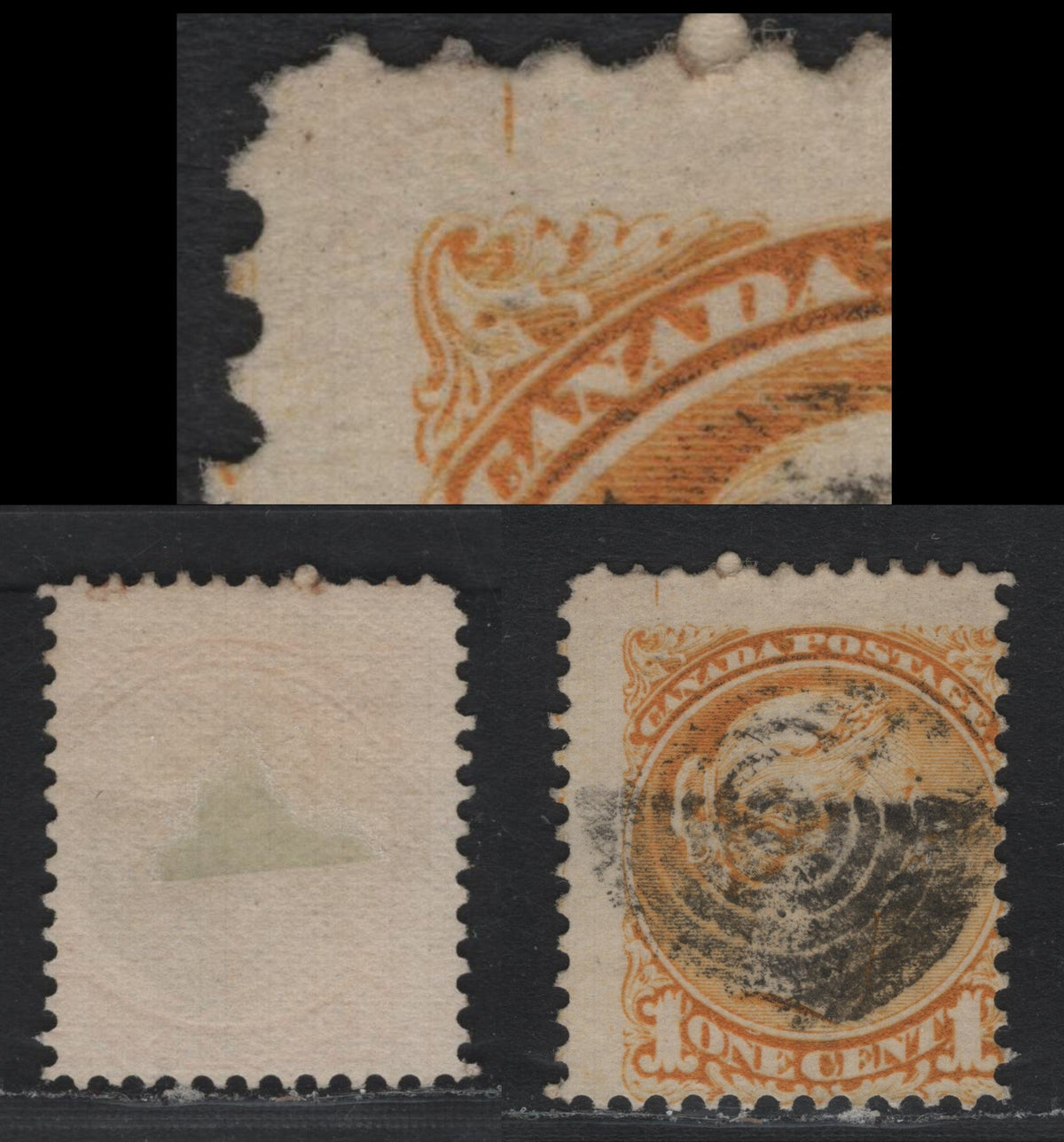 Lot 401 Canada #35vii 1c Dull Yellow , 1870-1893 Small Queen Issue, A Very Good Used Single, Mid Montreal Printing, Paper MM-Z, Perf 12,Showing Vertical Dash In Ul Margin, Don’t Recall Ever Seeing This Before, Heavy Target Cancel.