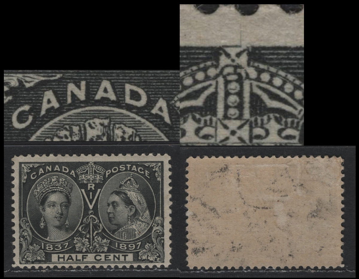 Lot 303 Canada #50var 1/2c Black , 1897 Diamond Jubilee Issue, A FOG Single, ABN-U Paper, Perf 12, Showing A Light Horizontal Guideline Through 'ANAD' of Canada, And Faint Vertical Guideline Protruding From Crown.