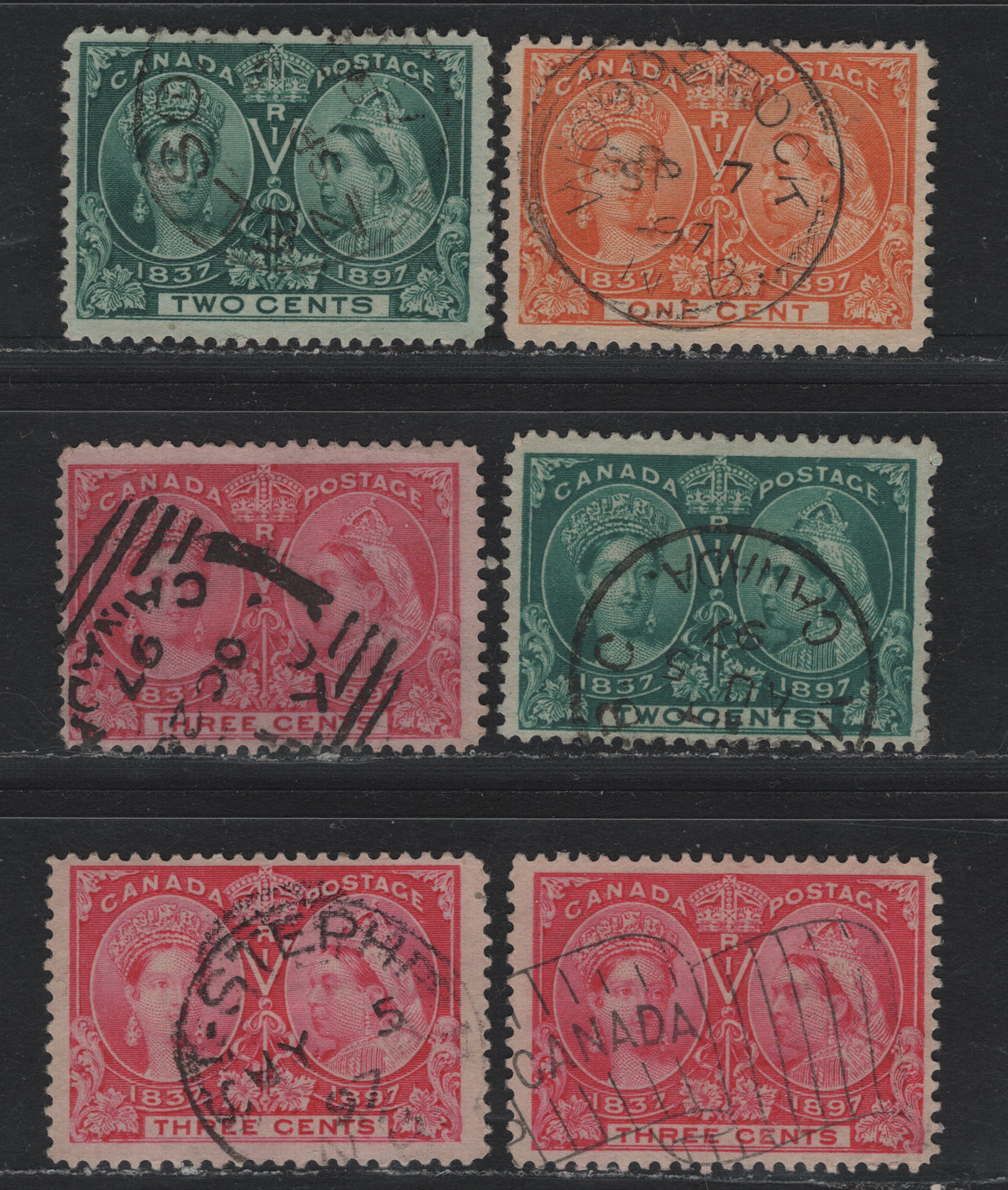 Lot 310 Canada #51i, 52, 52i, 53, 53i 1c-3c Light Bright Yellow-Orange - Pale Rose , 1897 Diamond Jubilee Issue, Fine/Very Fine used Singles, Shows All Listed Shades Of These Three Values, With Extra Variant Of 3c, Unchecked As to Paper & Perfs.