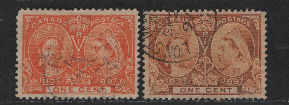 Lot 311 Canada #51i 1c Light Bright Orange Yellow - Oxidized Orange Yellow , 1897 Diamond Jubilee Issue, 2 Fine Used Singles, ABN-V & ANB-U Papers, Perf 12x11.9 & 11.95x12, RPO Cancel. Small Tear Below E of One.