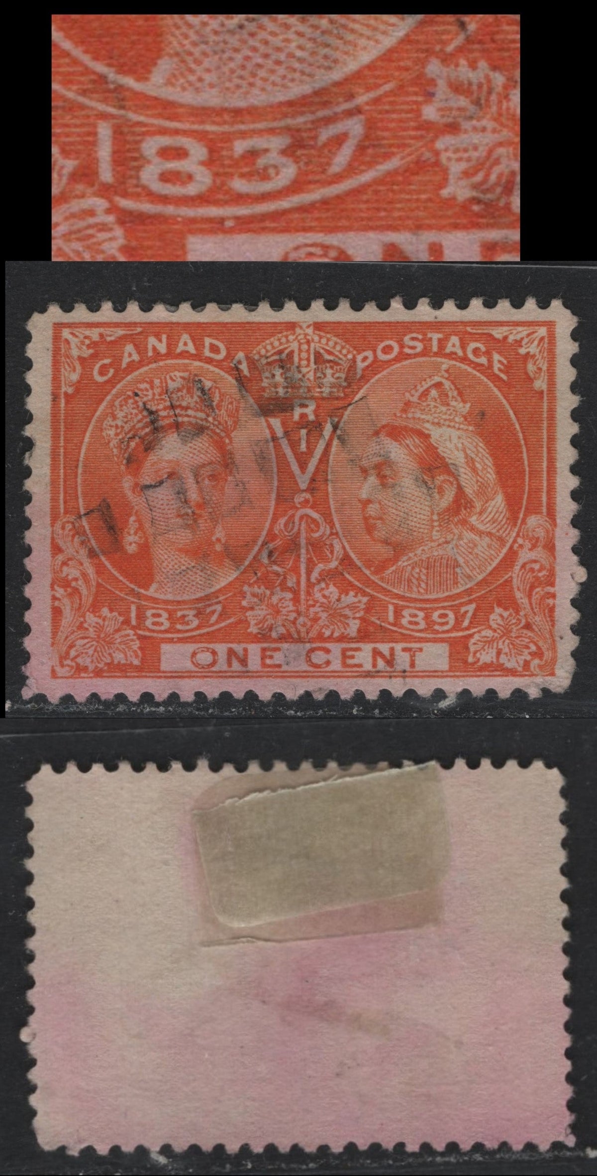 Lot 312 Canada #51i 1c Light Bright Yellow Orange , 1897 Diamond Jubilee Issue, A Very Fine Used Single, ABN-V Paper, Perf 12, Showing Plate Damage, Consisting of Two White dots Inside '3' & Below Curved Line Between 8 & 3 of 1837.